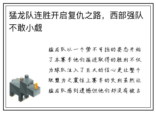 猛龙队连胜开启复仇之路，西部强队不敢小觑